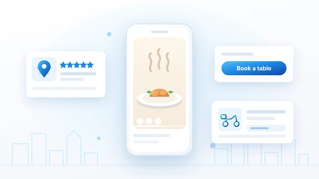 Restaurant marketing in Dubai: a food reel on a phone, a 5-star Google Maps listing, a Book a table button and a delivery app card